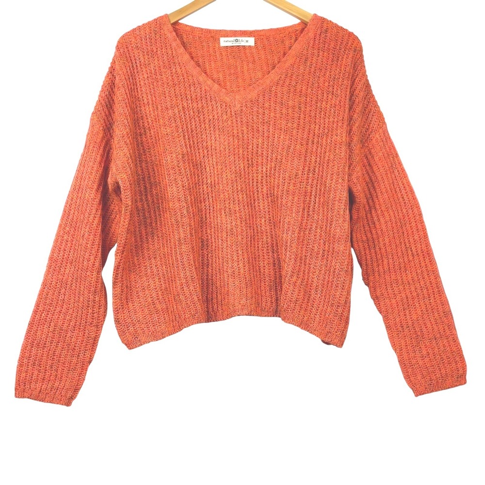 Natural Life Womens Orange Marled Ribbed V-Neck Knit Pullover Sweater Sz M Beach
